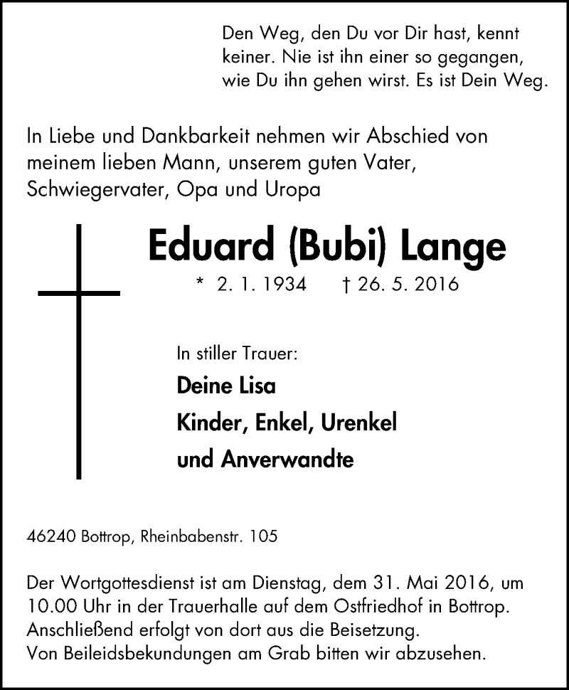  Traueranzeige für Eduard Lange vom 28.05.2016 aus Stadtspiegel Bottrop