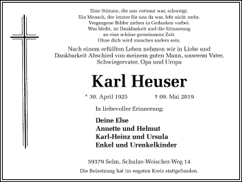 Traueranzeige von Karl Heuser von Lüner Anzeiger