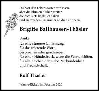 Traueranzeige von Brigitte Ballhausen-Thäsler von WVW Anzeigenblätter