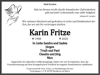 Traueranzeige von Karin Fritze von WVW Anzeigenblätter
