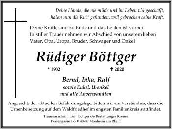 Traueranzeige von Rüdiger Böttger von WVW Anzeigenblätter