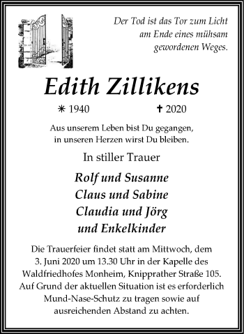 Traueranzeige von Edith Zillikens von WVW Anzeigenblätter