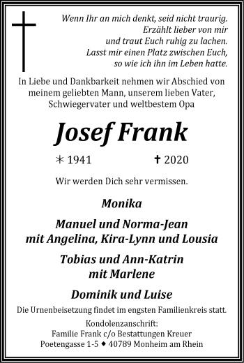 Traueranzeige von Josef Frank von WVW Anzeigenblätter
