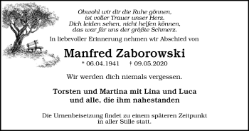 Traueranzeige von Manfred Zaborowski von WVW Anzeigenblätter