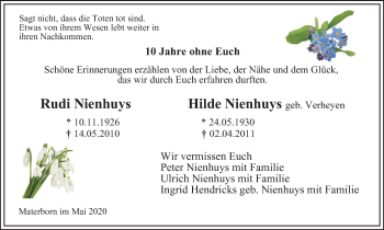 Traueranzeige von Rudi und Hilde Nienhuys von WVW Anzeigenblätter