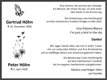 Traueranzeige von Gertrud und Peter Höhn von WVW Anzeigenblätter