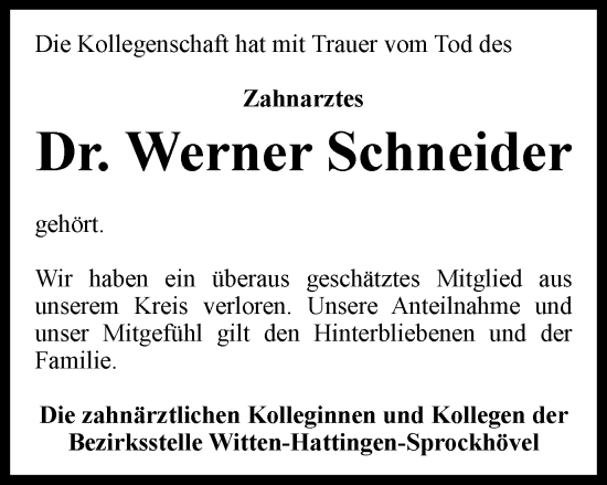 Traueranzeige von Dr. Werner Schneider von Tageszeitung
