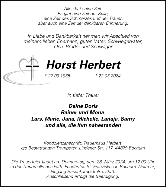 Traueranzeige von Horst Herbert von Tageszeitung