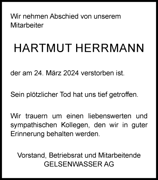Traueranzeige von Hartmut Herrmann von Tageszeitung