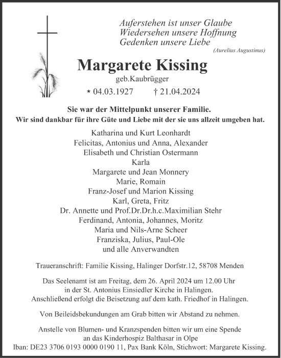 Traueranzeige von Margarete Kissing von Tageszeitung