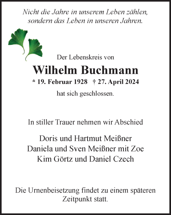Traueranzeige von Wilhelm Buchmann von Tageszeitung