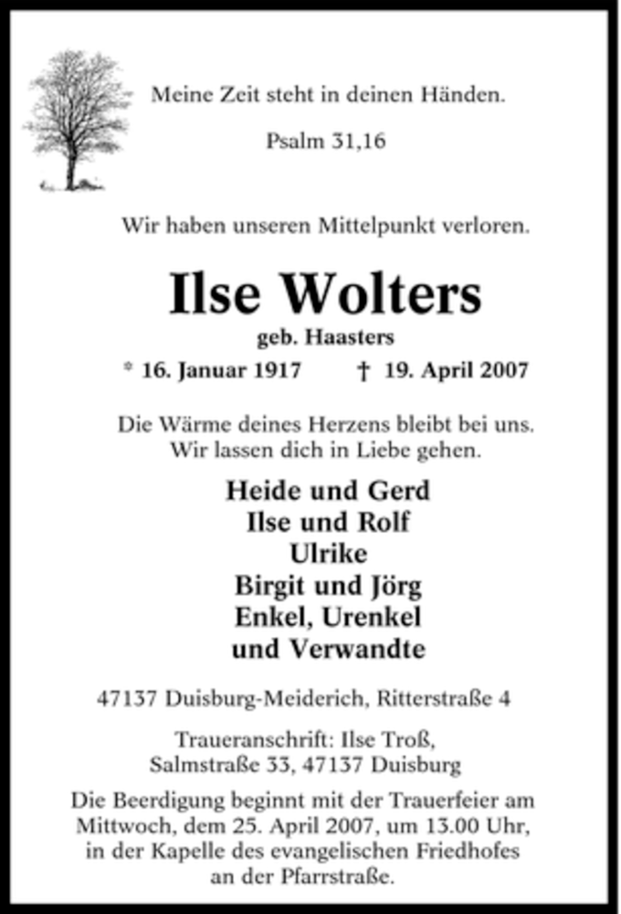  Traueranzeige für Ilse Wolters vom 21.04.2007 aus Tageszeitung