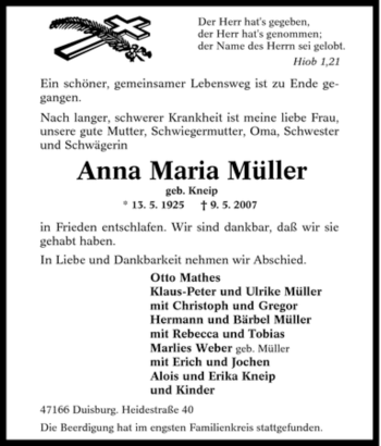 Traueranzeige von Anna Maria Müller von Tageszeitung