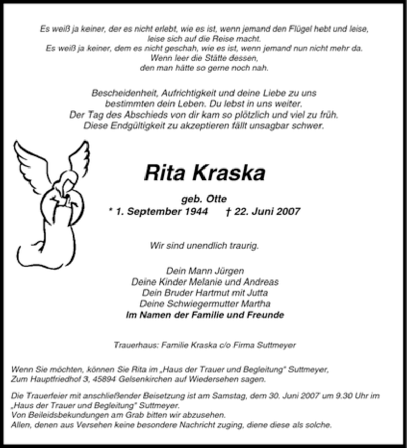  Traueranzeige für Rita Kraska vom 27.06.2007 aus Tageszeitung