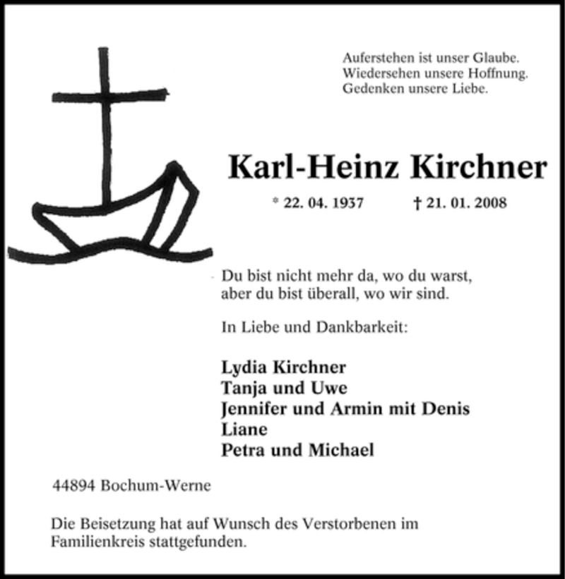  Traueranzeige für Karl-Heinz Kirchner vom 30.01.2008 aus Tageszeitung