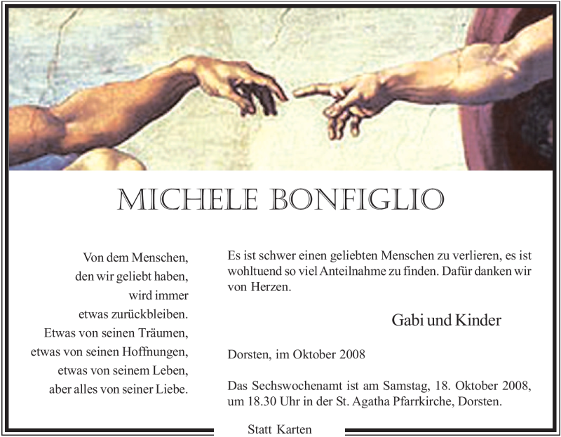  Traueranzeige für Michele Bonfiglio vom 13.10.2008 aus Tageszeitung