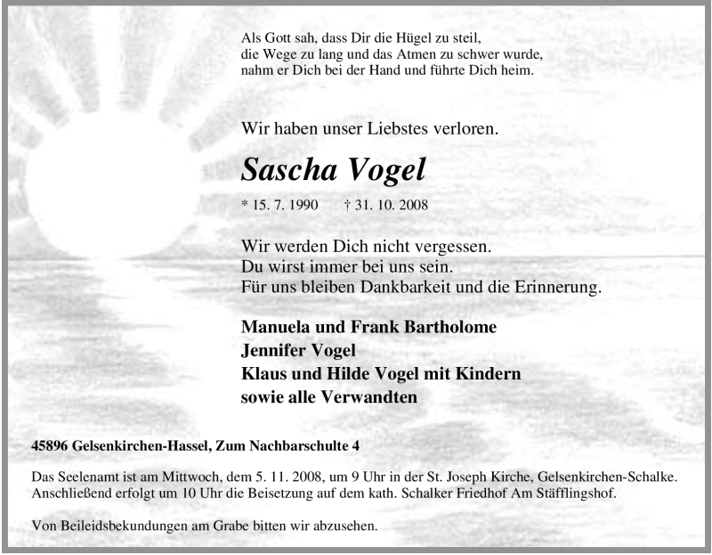  Traueranzeige für Sascha Vogel vom 03.11.2008 aus Tageszeitung