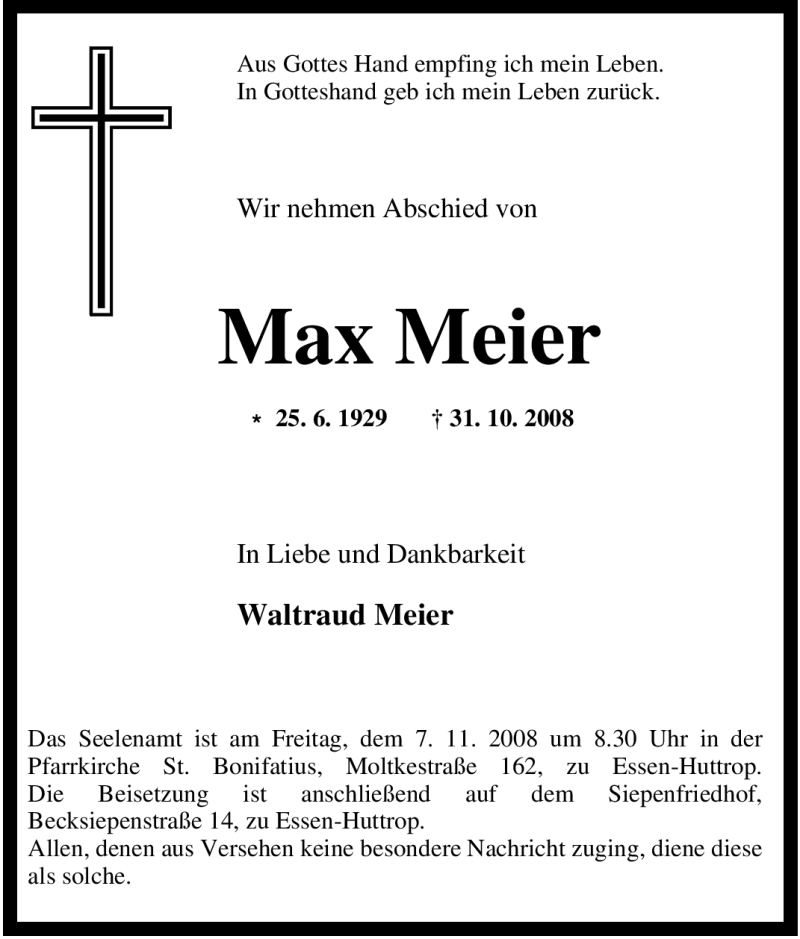  Traueranzeige für Max Meier vom 04.11.2008 aus Tageszeitung