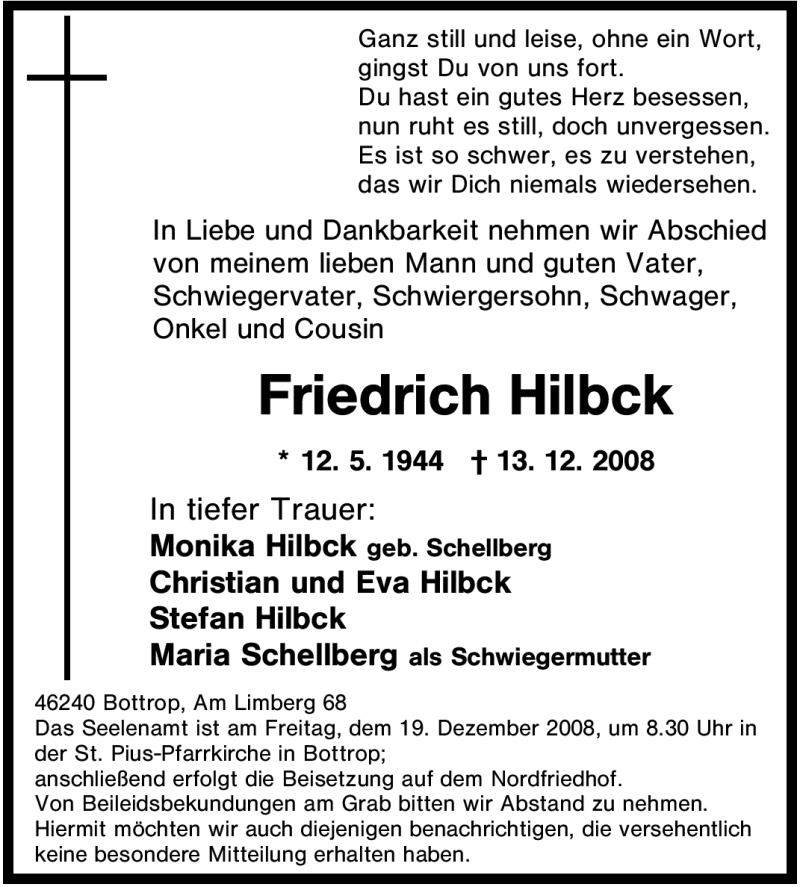  Traueranzeige für Friedrich Hilbck vom 16.12.2008 aus Tageszeitung