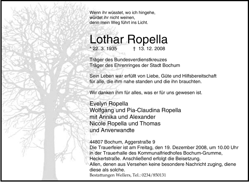  Traueranzeige für Lothar Ropella vom 16.12.2008 aus Tageszeitung