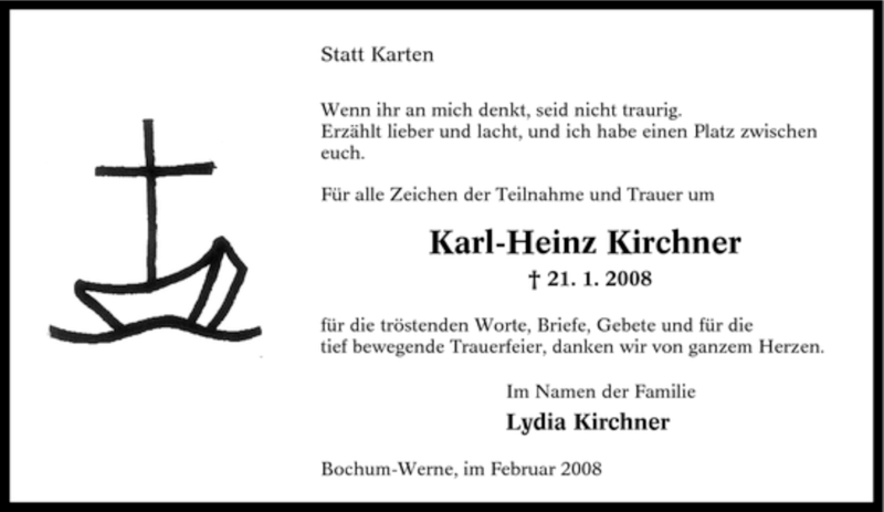  Traueranzeige für Karl-Heinz Kirchner vom 16.02.2008 aus Tageszeitung