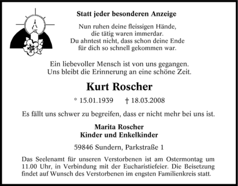  Traueranzeige für Kurt Roscher vom 20.03.2008 aus Tageszeitung