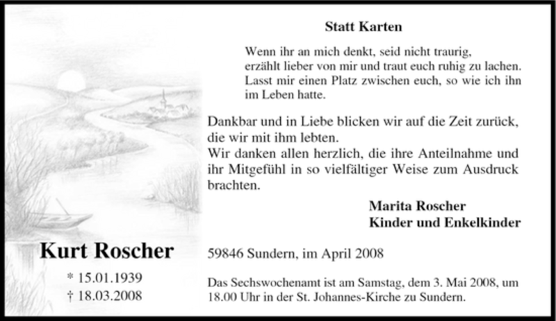  Traueranzeige für Kurt Roscher vom 29.04.2008 aus Tageszeitung