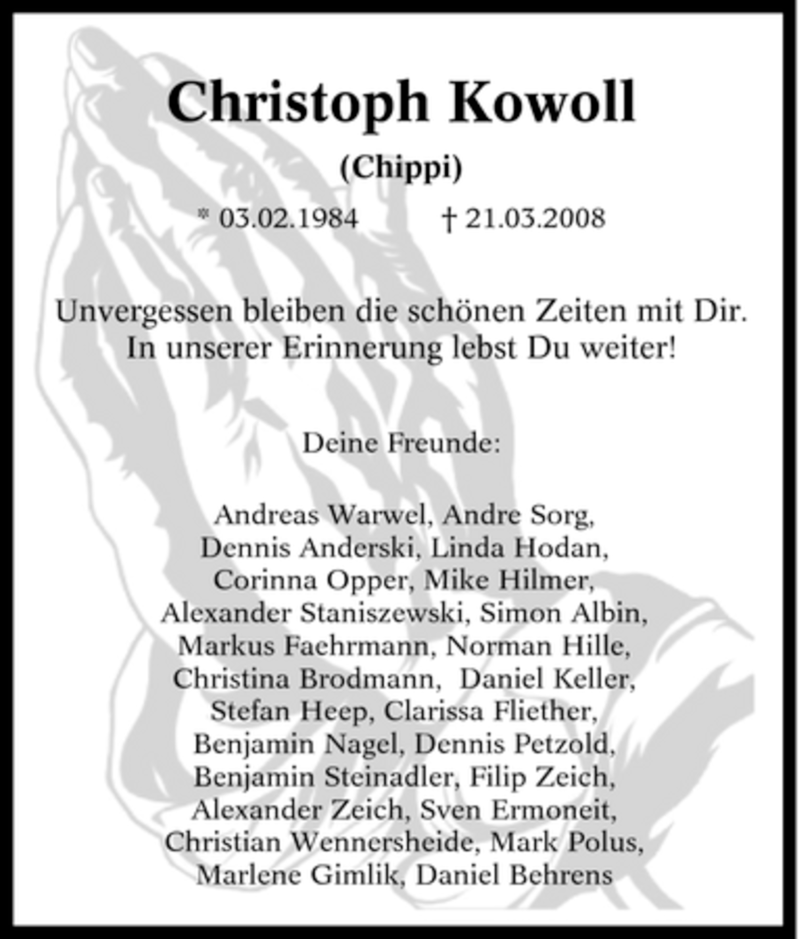  Traueranzeige für Christoph Kowoll vom 05.04.2008 aus Tageszeitung