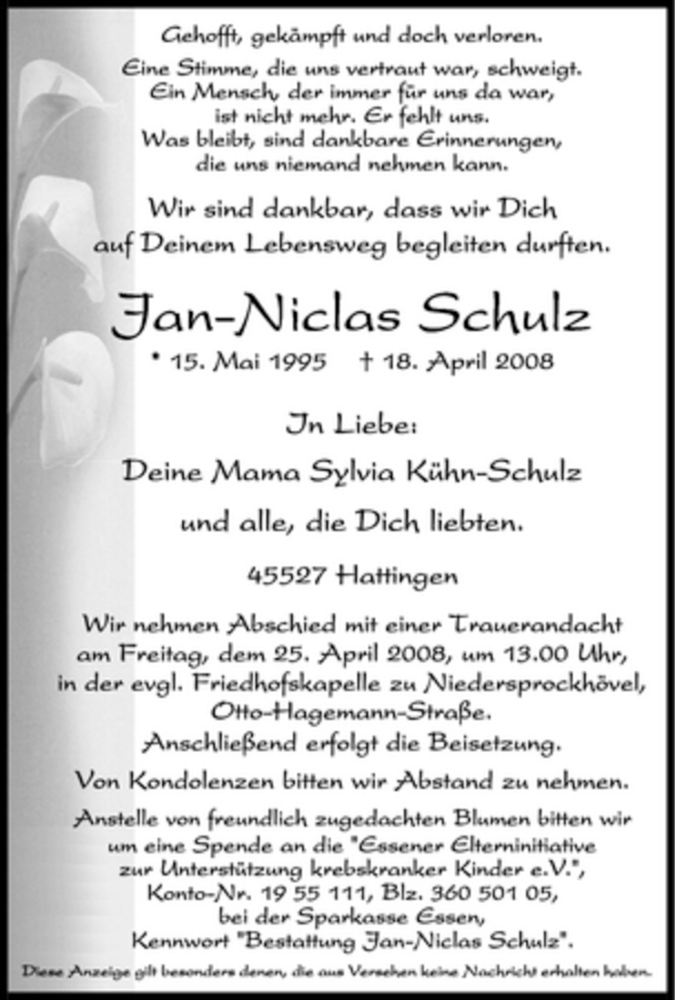  Traueranzeige für Jan-Niclas Schulz vom 23.04.2008 aus Tageszeitung