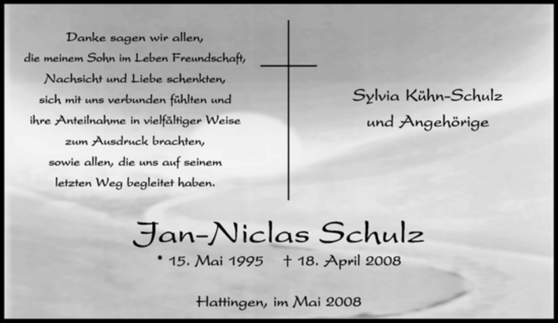  Traueranzeige für Jan-Niclas Schulz vom 31.05.2008 aus Tageszeitung