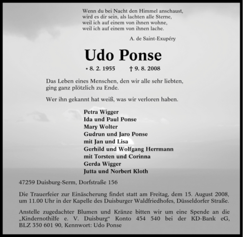  Traueranzeige für Udo Ponse vom 13.08.2008 aus Tageszeitung