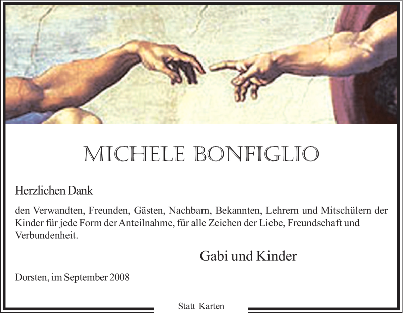  Traueranzeige für Michele Bonfiglio vom 04.09.2008 aus Tageszeitung