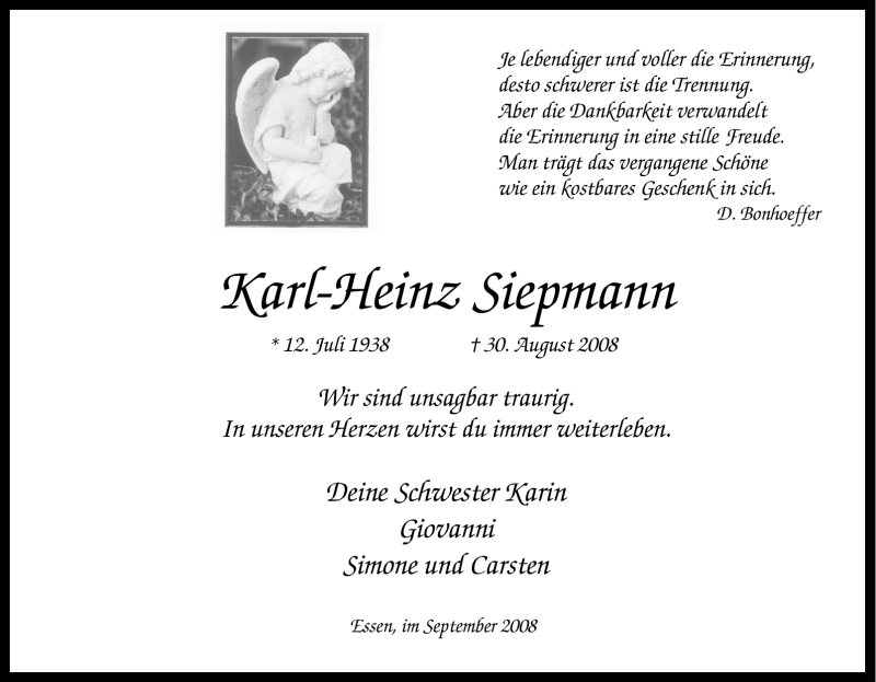  Traueranzeige für Karl-Heinz Siepmann vom 04.09.2008 aus Tageszeitung