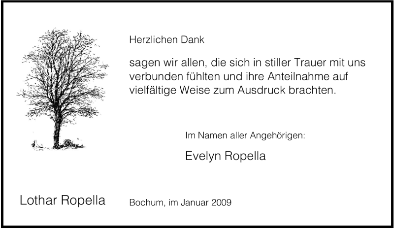  Traueranzeige für Lothar Ropella vom 14.01.2009 aus Tageszeitung