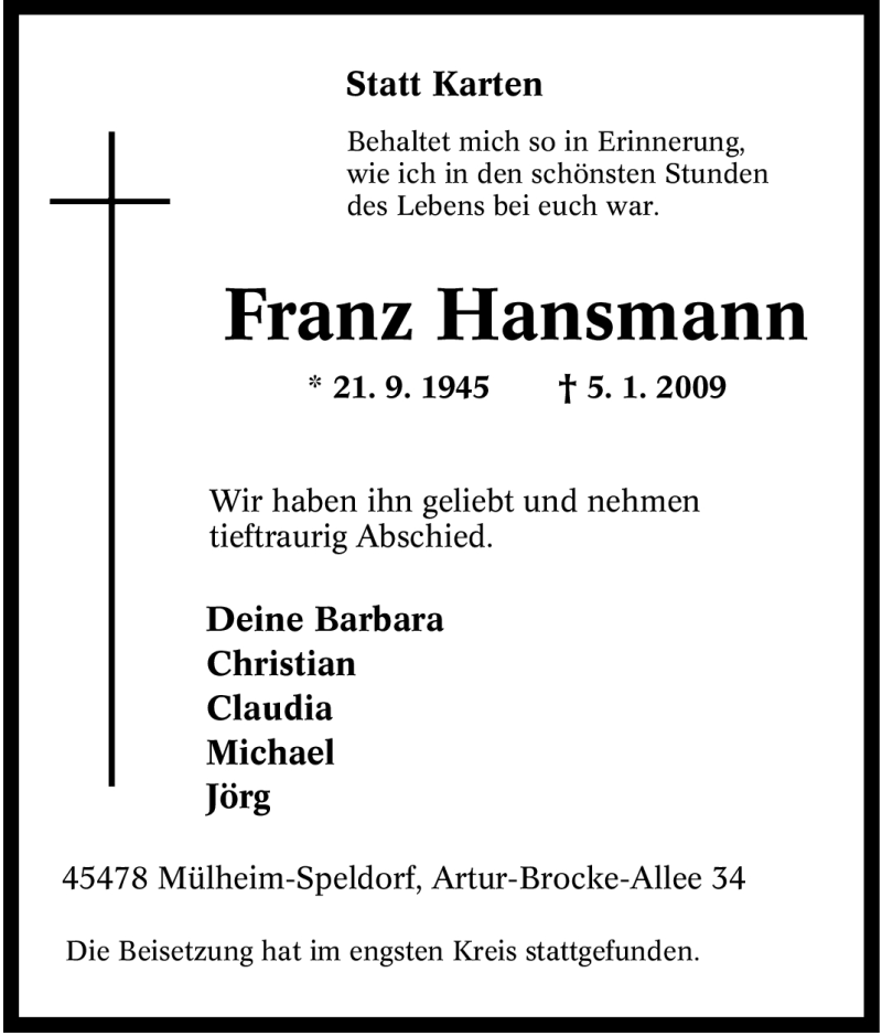  Traueranzeige für Franz Hansmann vom 24.01.2009 aus Tageszeitung