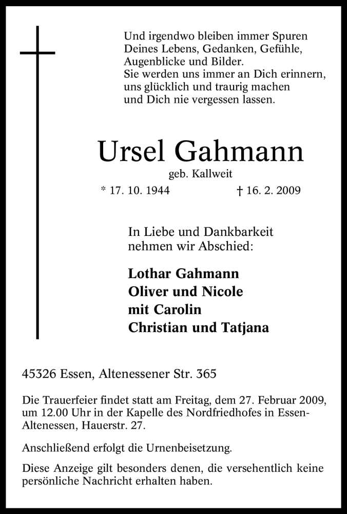  Traueranzeige für Ursel Gahmann vom 21.02.2009 aus Tageszeitung