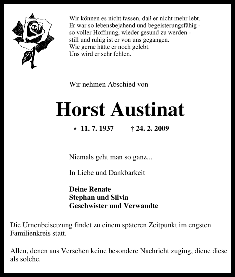  Traueranzeige für Horst Austinat vom 28.02.2009 aus Tageszeitung