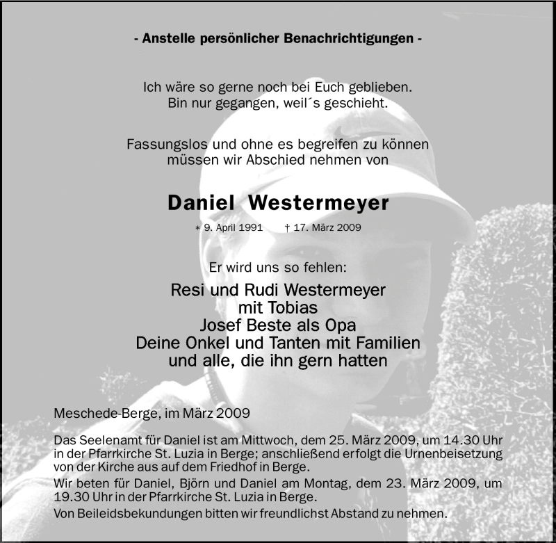  Traueranzeige für Daniel Westermeyer vom 21.03.2009 aus Tageszeitung
