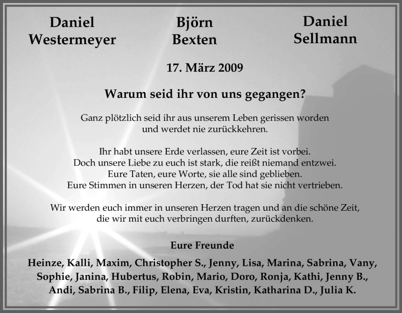  Traueranzeige für Daniel Westermeyer vom 21.03.2009 aus Tageszeitung