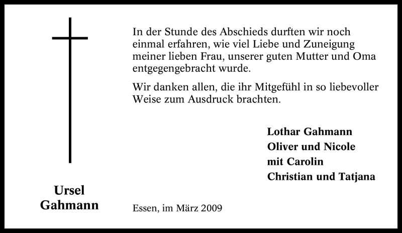  Traueranzeige für Ursel Gahmann vom 14.03.2009 aus Tageszeitung