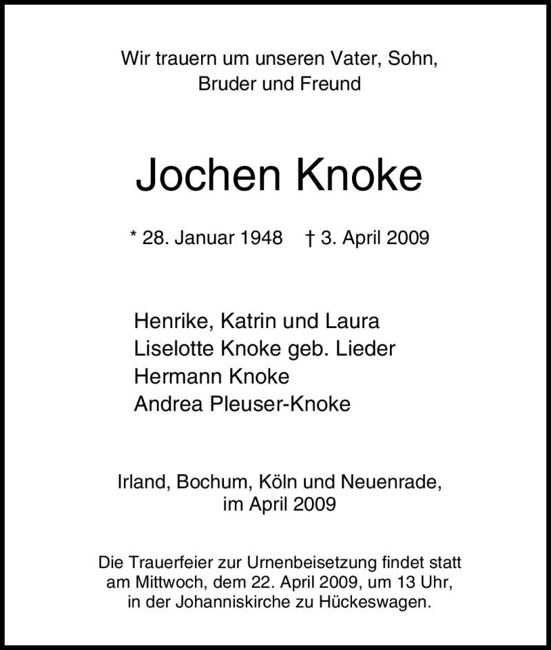  Traueranzeige für Jochen Knoke vom 18.04.2009 aus Tageszeitung