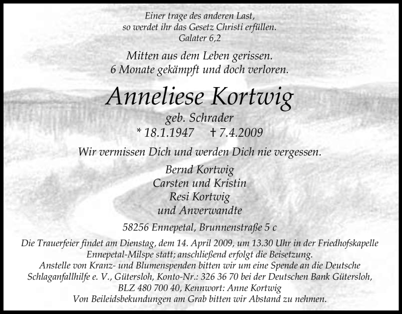  Traueranzeige für Anneliese Kortwig vom 09.04.2009 aus Tageszeitung