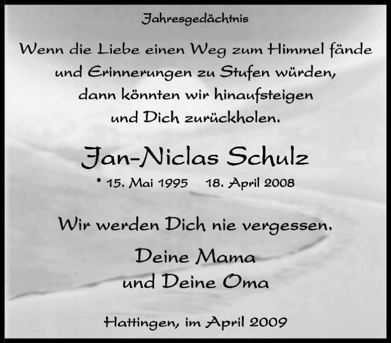  Traueranzeige für Jan-Niclas Schulz vom 18.04.2009 aus Tageszeitung