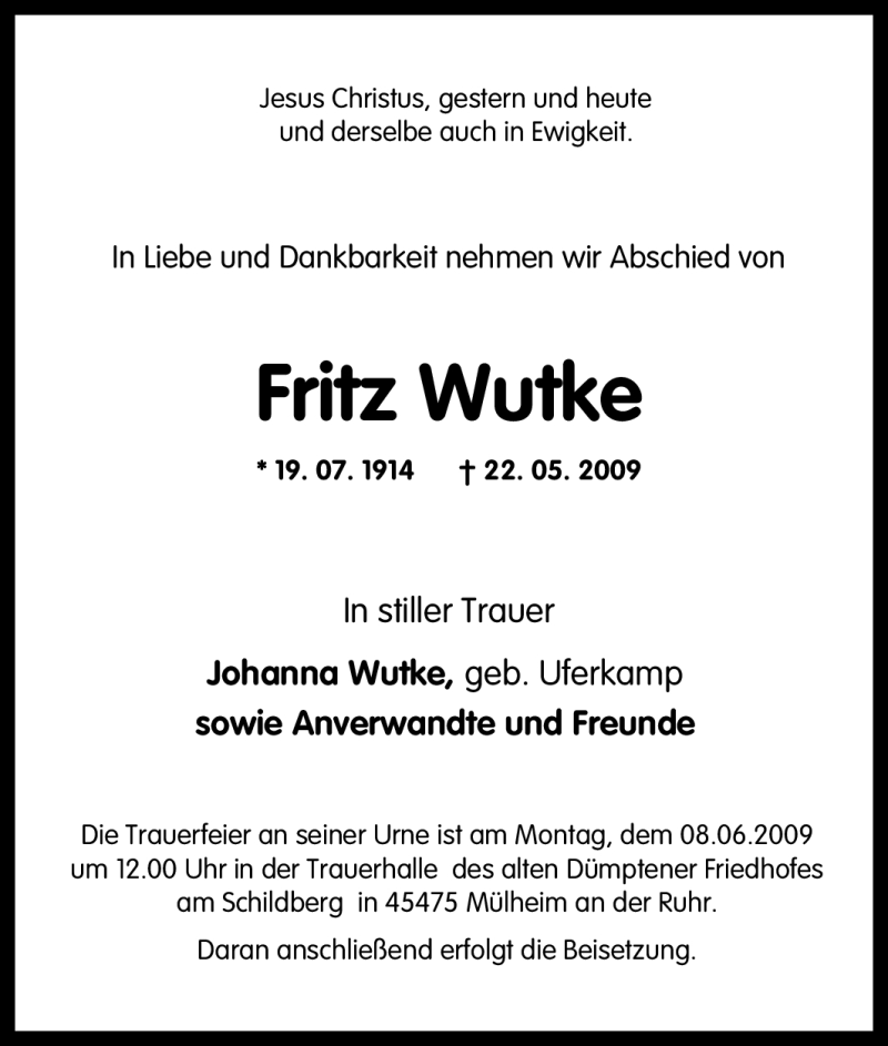  Traueranzeige für Fritz Wutke vom 05.06.2009 aus Tageszeitung
