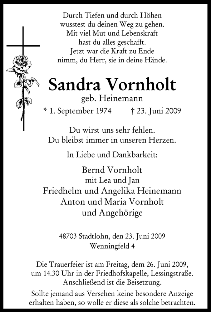 Traueranzeige für Sandra Vornholt vom 25.06.2009 aus Tageszeitung