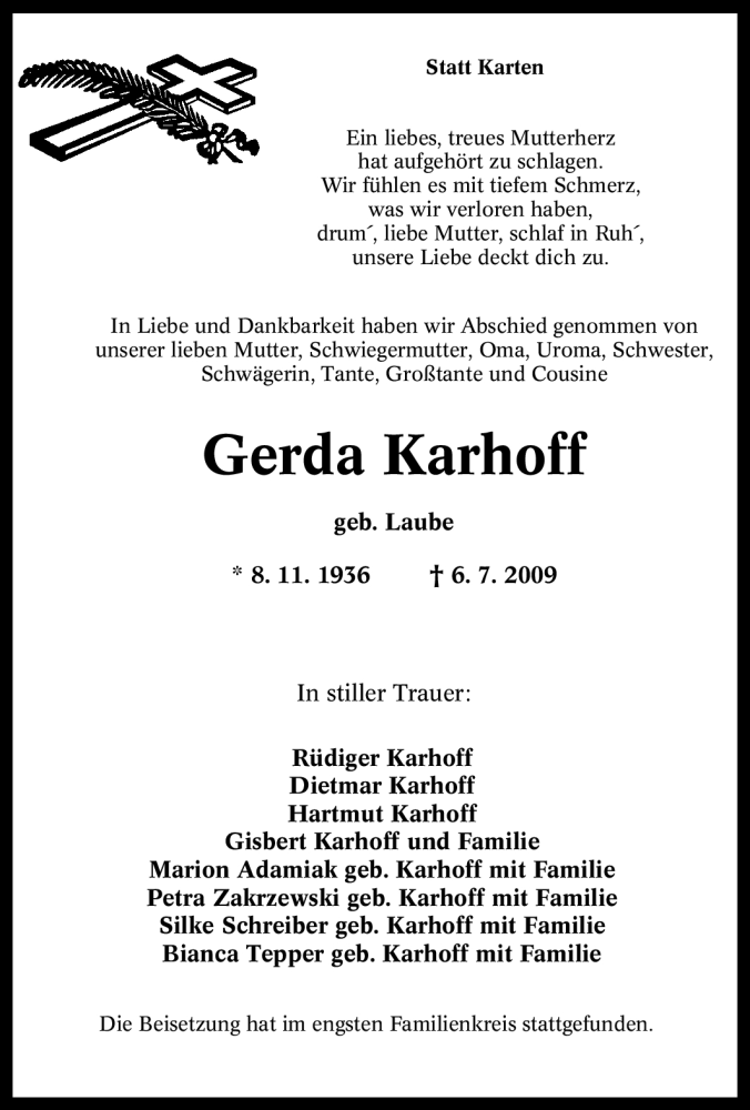  Traueranzeige für Gerda Karhoff vom 11.07.2009 aus Tageszeitung