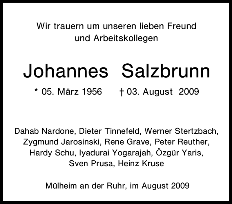  Traueranzeige für Johannes Salzbrunn vom 08.08.2009 aus Tageszeitung