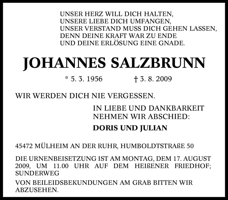  Traueranzeige für Johannes Salzbrunn vom 12.08.2009 aus Tageszeitung