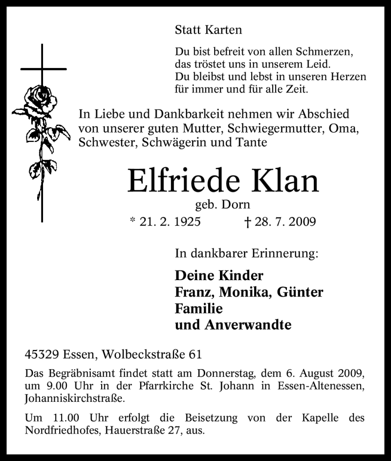  Traueranzeige für Elfriede Klan vom 03.08.2009 aus Tageszeitung