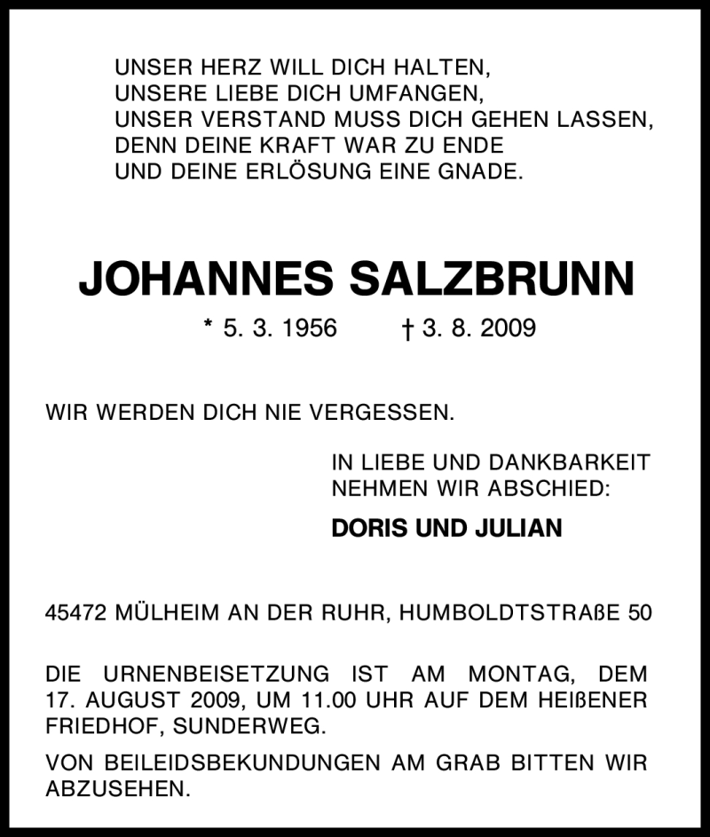  Traueranzeige für Johannes Salzbrunn vom 12.08.2009 aus Tageszeitung